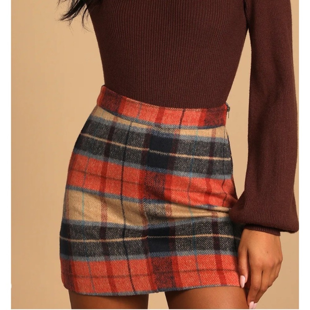 Lulus Mad for Plaid Beige Plaid Mini Skirt Womens X-Large Tartan Woven Side Zip